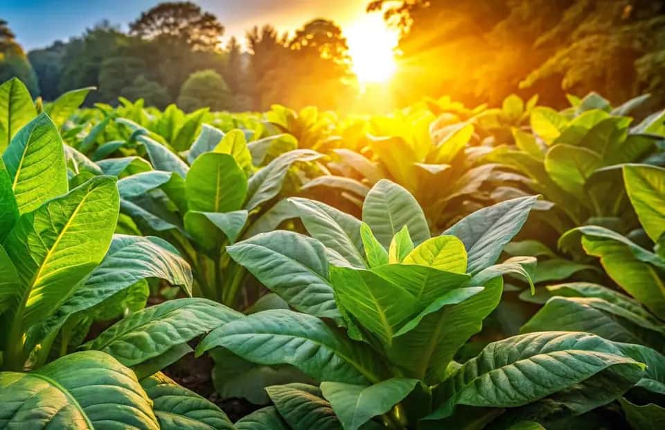 Morning sunlight over young broad-leaved plants