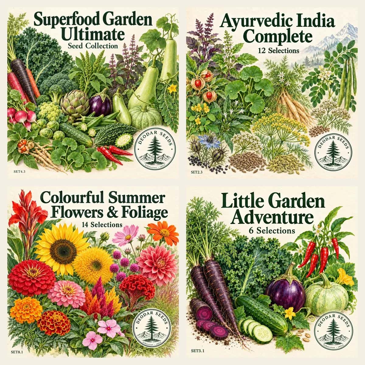 Four Deodar Seeds kit covers: Superfood Garden, Ayurvedic India, Summer Flowers and Little Garden Adventure