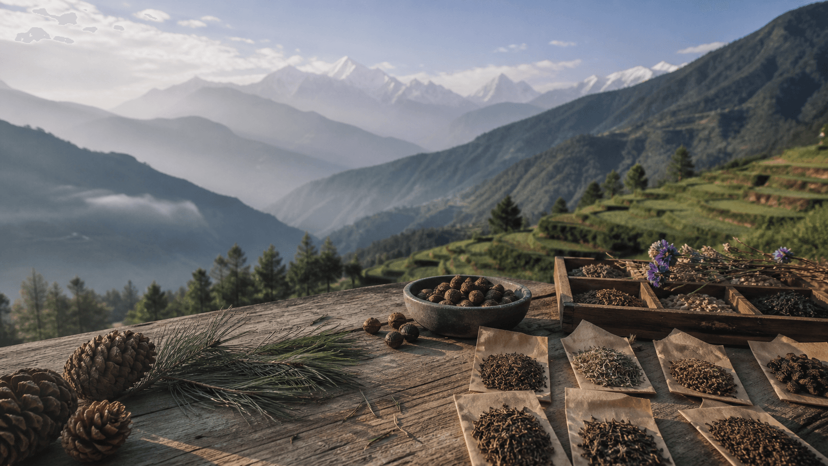 A collection of rare seeds surrounded by Himalayan nature